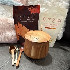 Ruze mushroom coffee and superfood creamer with wooden canister set